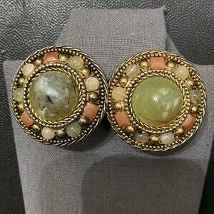 Vintage Gold Tone Large Button with Acrylic stones Clip-on earrings